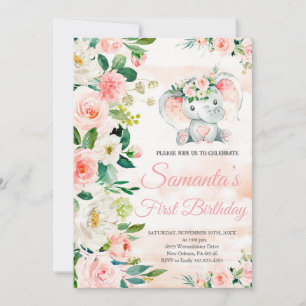 Elephant Birthday, Pink Floral, Safari Birthday Invitation