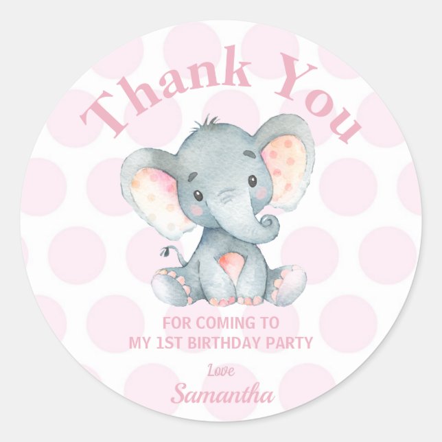 Elephant Birthday Thank You Stickers Labels Pink (Front)