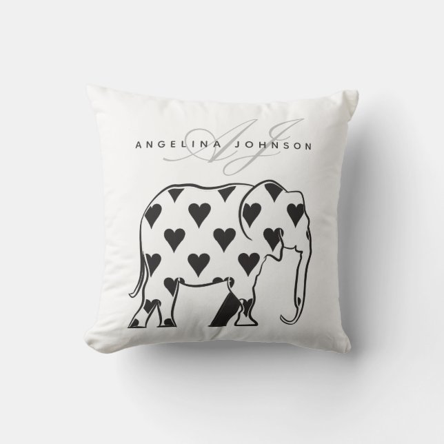 Elephant , Black and White Pattern Modern Monogram Cushion (Front)