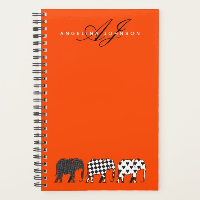 Elephant Black White and Orange Monogram Name Planner (Front)