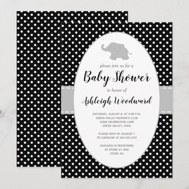 Elephant Black White Polka Dot Baby Shower Invitation (Front/Back)