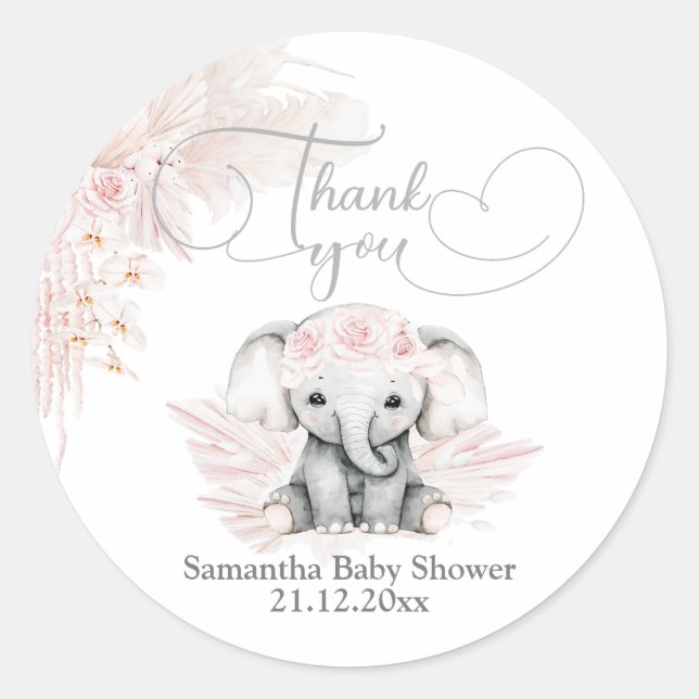 Elephant Blash Pink Flower Boho Baby Shower Classic Round Sticker (Front)