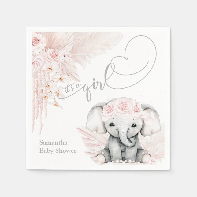 Elephant Blash Pink Flower Boho Baby Shower Napkin (Front)