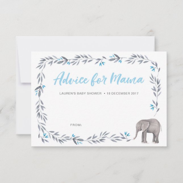 Elephant blue and gray Baby Shower Advice Cards (Front)