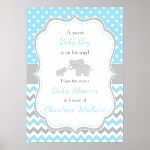 Elephant Blue and Grey Baby Shower Poster