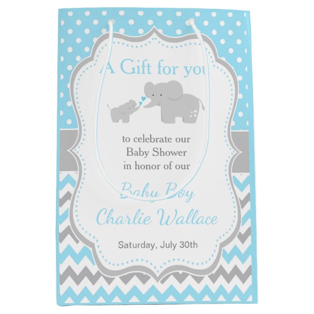 Elephant Blue and Grey Baby Shower Thank You Medium Gift Bag (Front)