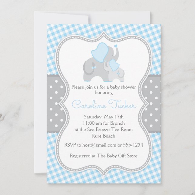 Elephant Blue and Grey Boy Baby Shower Invitation (Front)