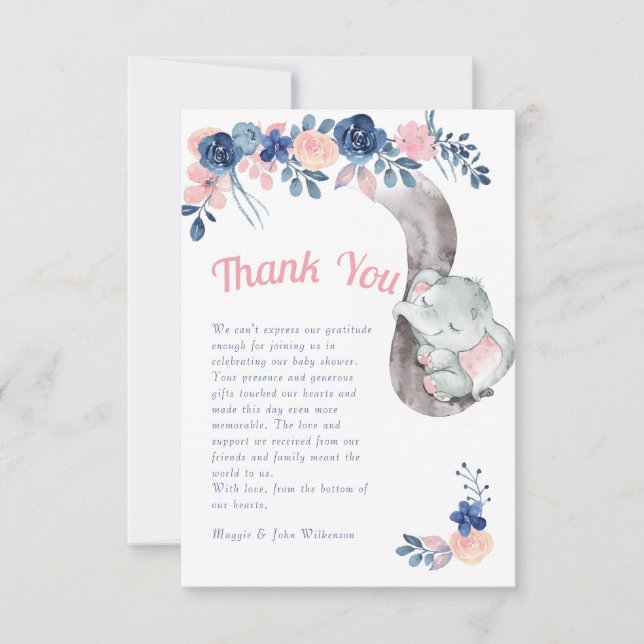 Elephant Blue and Pink Baby Shower Thank You Card (Front)