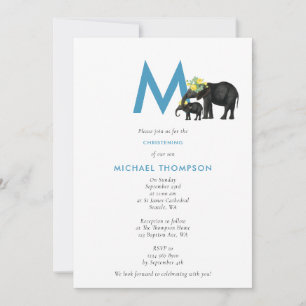 Elephant Blue Baby Boy Initial Baptism Christening Invitation