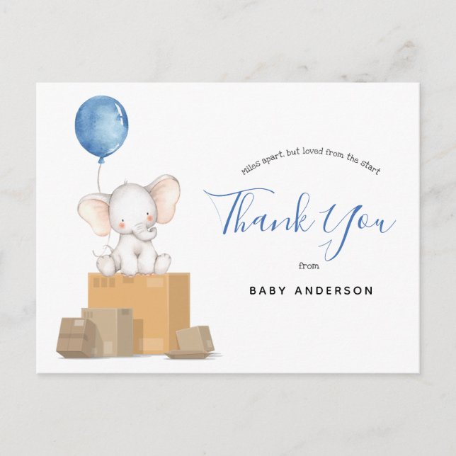 Elephant Blue Baby Shower by Mail Thank You Postcard (Front)