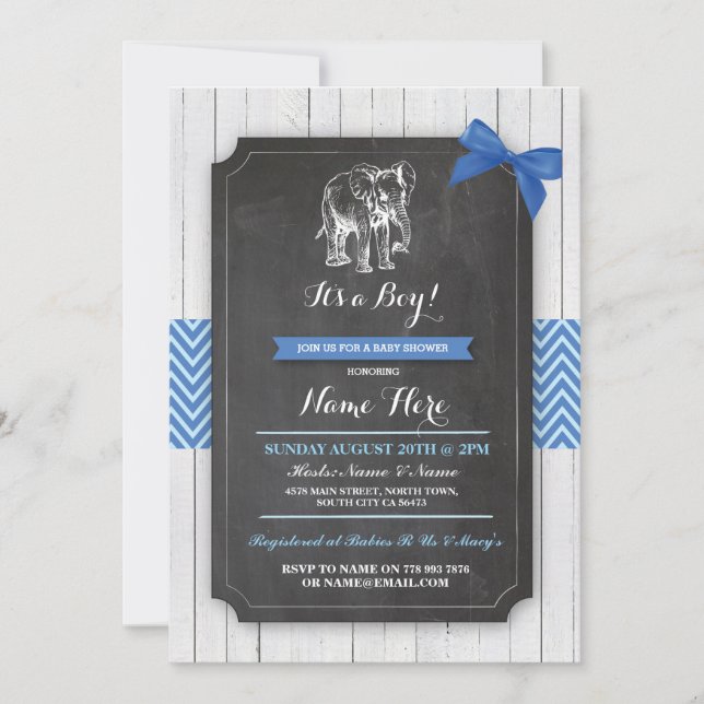 Elephant Blue Baby Shower Party Boy Wood Invite (Front)