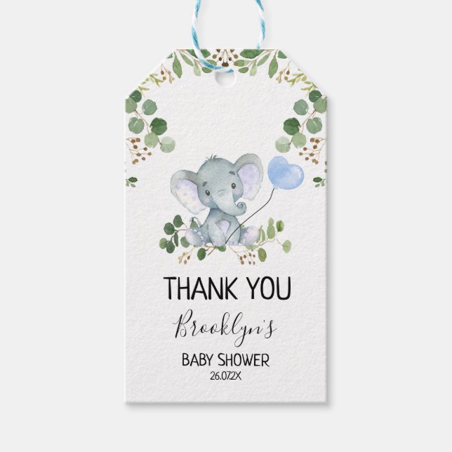 Elephant Blue Balloon Baby Shower Favour Tag (Front)