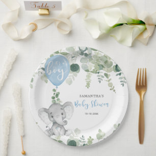 Elephant blue balloon boy baby shower greenery paper plate
