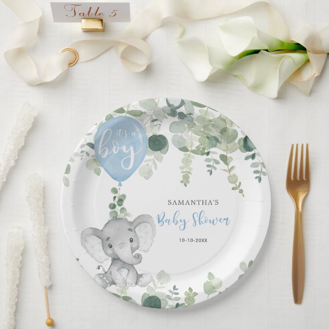 Elephant blue balloon boy baby shower greenery paper plate (Wedding)
