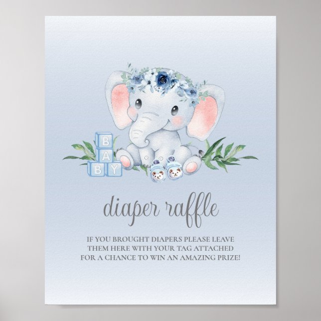 Elephant Blue Boy Baby Shower Diaper Raffle Sign (Front)