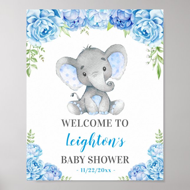 Elephant Blue Boy Baby Shower Sprinkle Welcome Poster (Front)