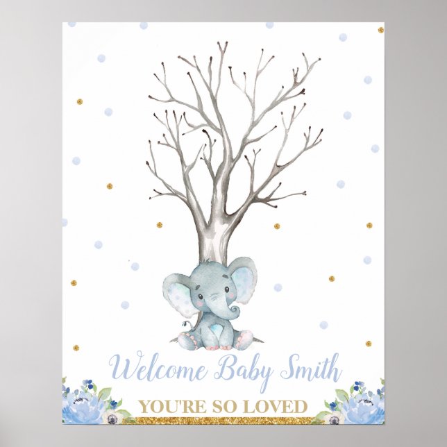 Elephant Blue Boy Baby Shower Thumbprints Tree Poster (Front)