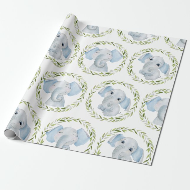 Elephant Blue Boy Baby Shower Wrapping Paper (Unrolled)