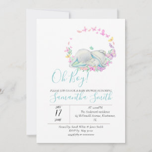 Elephant Blue Butterflies Baby Shower Invitation