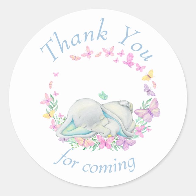 Elephant blue Butterflies Baby Shower Thank You  Classic Round Sticker (Front)