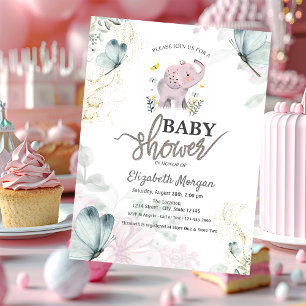 Elephant  Blue Butterflies Pink Baby Shower   Invitation