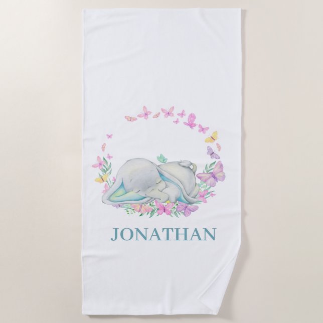 Elephant BLUE BUTTERFLY  Beach Towel (Front)