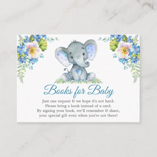 Elephant Blue Floral Baby Shower Books For Baby Enclosure Card (Front)