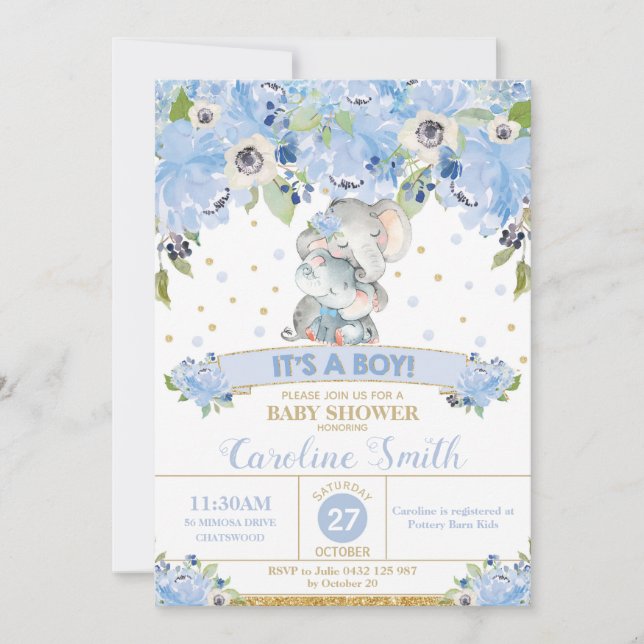 Elephant Blue Floral Baby Shower Boy Mum and Baby  Invitation (Front)