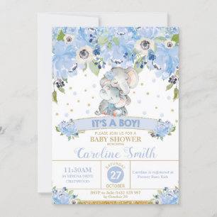 Elephant Blue Floral Baby Shower Boy Mum and Baby  Invitation