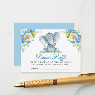 Elephant Blue Floral Baby Shower Diaper Raffle Enclosure Card