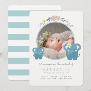 Elephant Blue Floral Boy Photo Birth Announcement