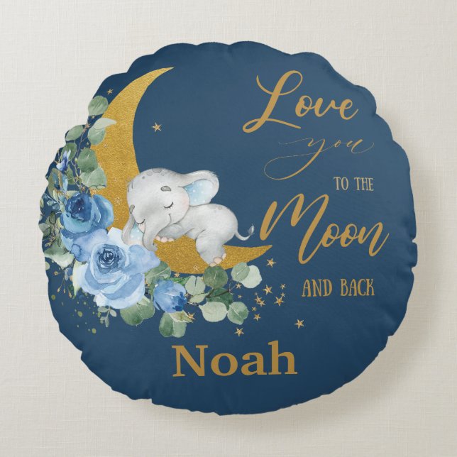 Elephant Blue Floral Love you to the Moon and Back Round Cushion (Front)