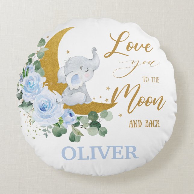 Elephant Blue Floral Love you to the Moon and Back Round Cushion (Front)