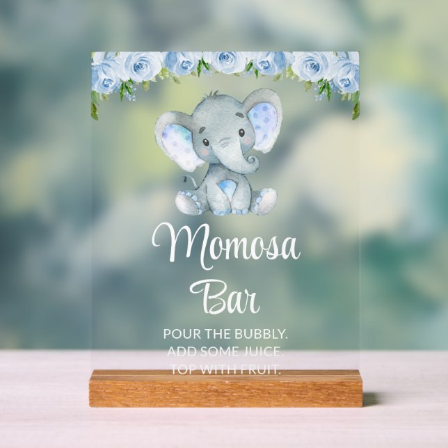 Elephant, Blue Flowers, Baby Shower Momosa Bar Acrylic Sign (Neutral)