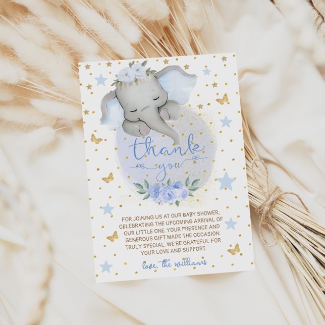 Elephant Blue Flowers Moon Baby Shower Thank You Card (Creator Uploaded)
