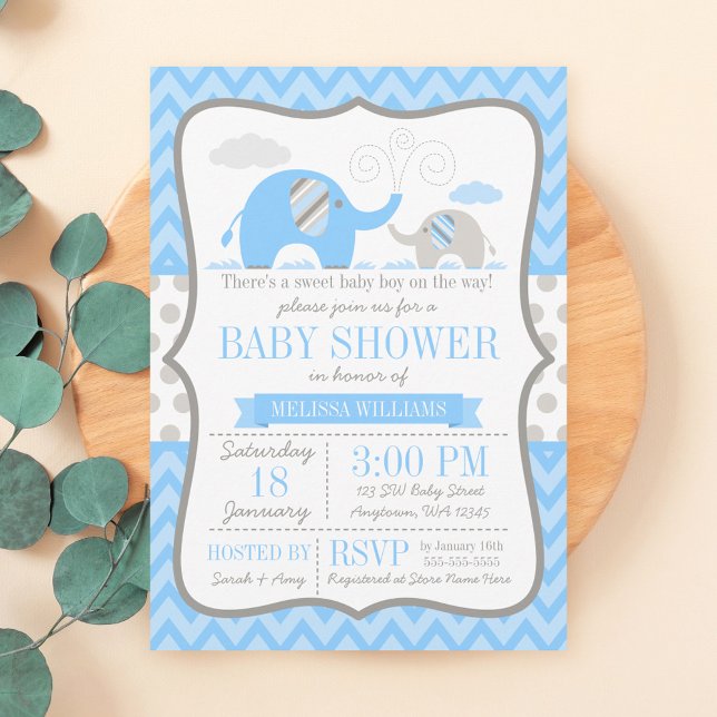Elephant Blue Grey Baby Shower Invitations (Creator Uploaded)