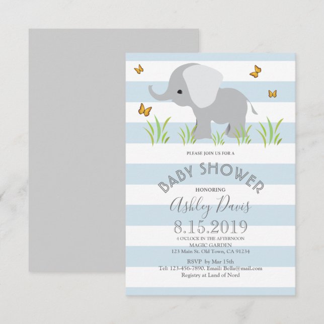 Elephant Blue Grey Boy Baby Shower Invite (Front/Back)