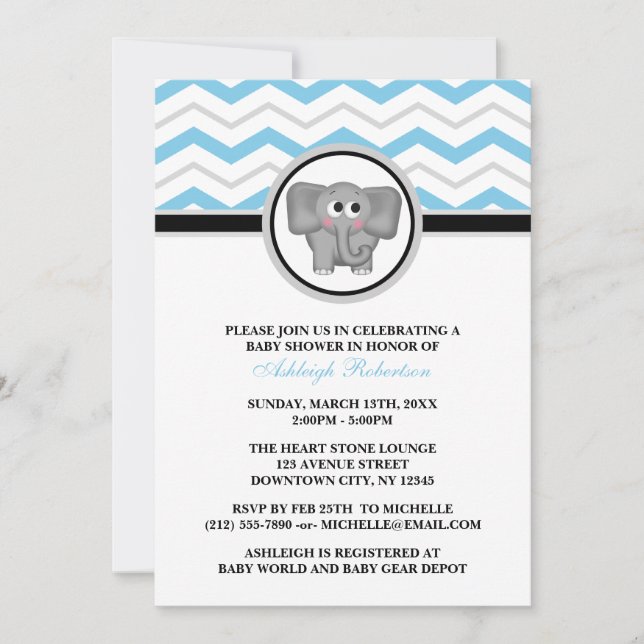 Elephant Blue Grey Chevron Baby Shower Invitations (Front)