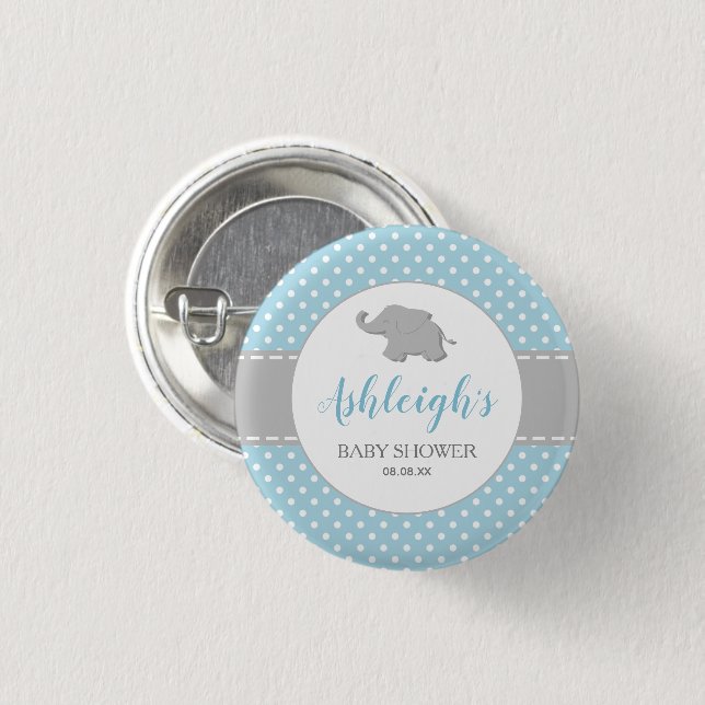 Elephant Blue Grey Polka Dot Boy Baby Shower 3 Cm Round Badge (Front & Back)