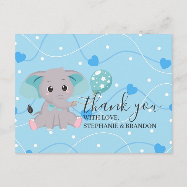 Elephant Blue hearts Balloons Thank You  Card (Front)