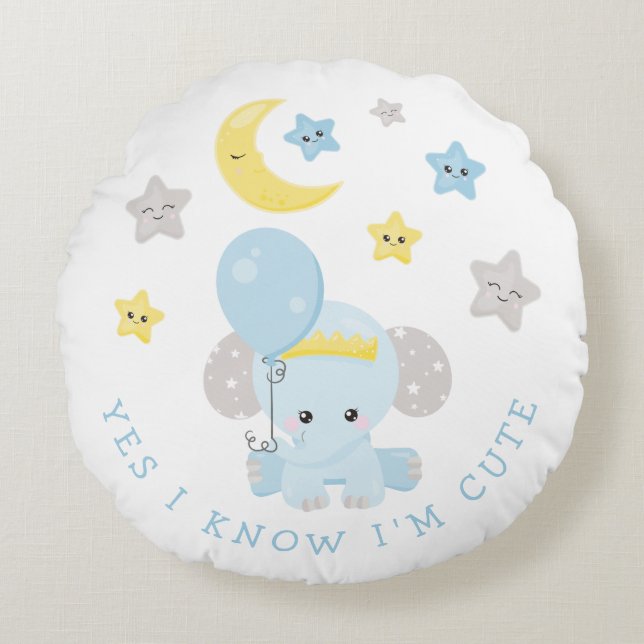Elephant Blue I Know I Am Cute Text Baby Boy Name Round Cushion (Front)