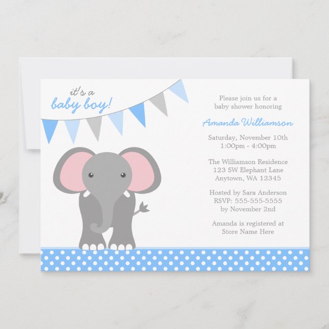 Elephant Blue Polka Dot Banner Boy Baby Shower Invitation (Front)