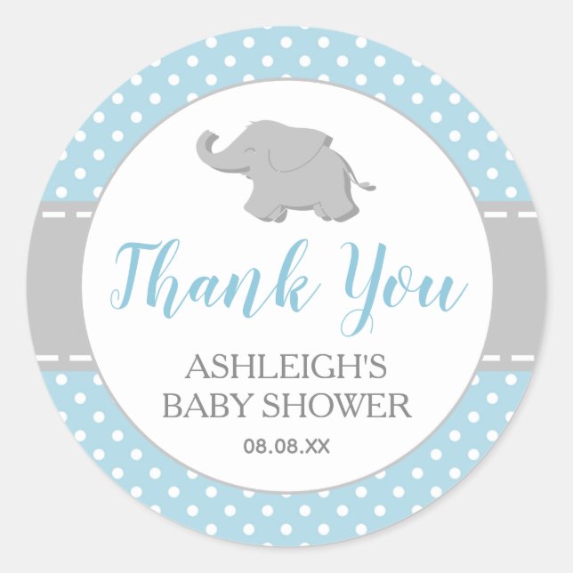 Elephant Blue Polka Dot Boy Baby Shower Classic Round Sticker (Front)