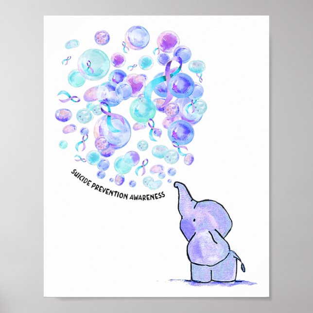Elephant Blue Purple Balloons Suicide Prevention A Poster (Front)