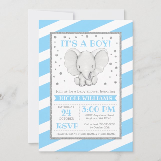Elephant Blue Stripes Boy Baby Shower Invitations (Front)