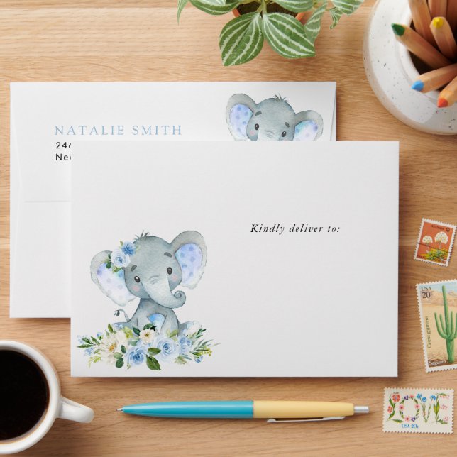 Elephant, Blue Watercolor Flowers, Baby Shower Envelope (Desk)