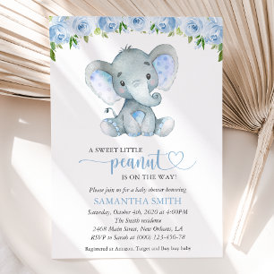 Elephant, Blue Watercolor Flowers, Baby Shower Invitation