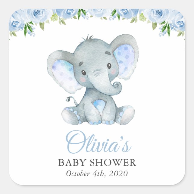 Elephant, Blue Watercolor Flowers, Baby Shower Square Sticker (Front)