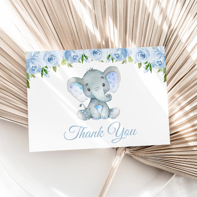 Elephant, Blue Watercolor Flowers, Baby Shower Thank You Card (Creator Uploaded)
