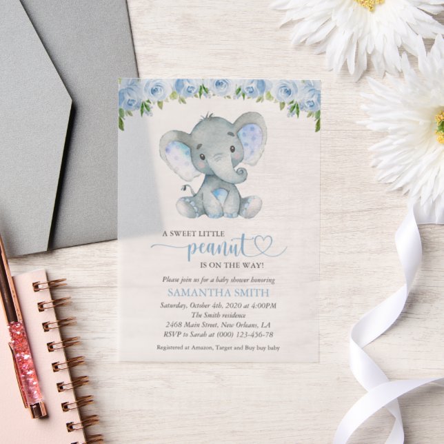 Elephant, Blue Watercolor Flowers, Baby Shower Vellum Invitations (Wedding)